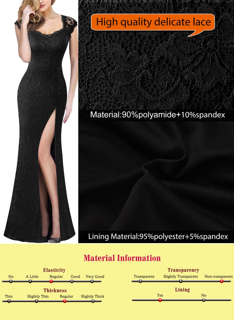 VFSHOW Womens Black Floral Lace Sweetheart Neckline Keyhole Back High Split Formal Evening Wedding Prom Party Maxi Long Dress 3780 BLK L - Image 4